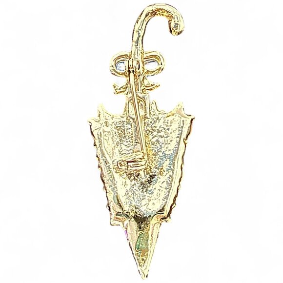 Vintage Gold-Tone Umbrella Brooch With Faux Pearls & Blue Bow - Picture 2 of 2